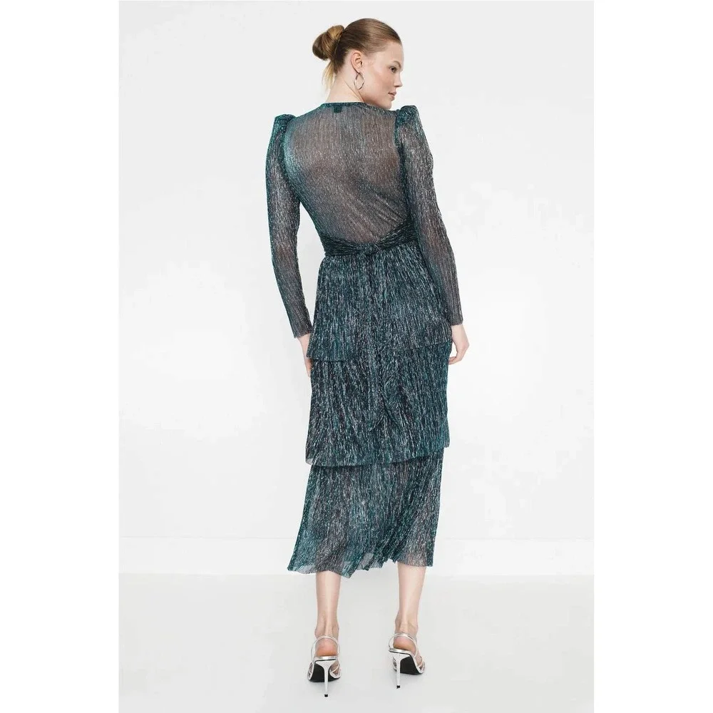 Sabina Musayev Pleated Carry Dress Teal Metallic Tiered Midi V-Neck XS - Picture 2 of 8